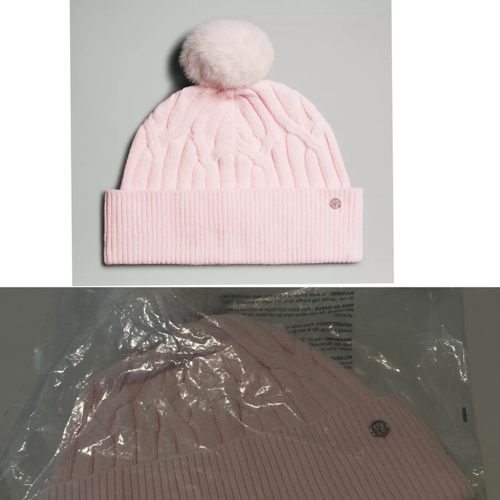 NWT Lululemon Athletica Light Pink Cable-Knit Beanie with White Pom Pom